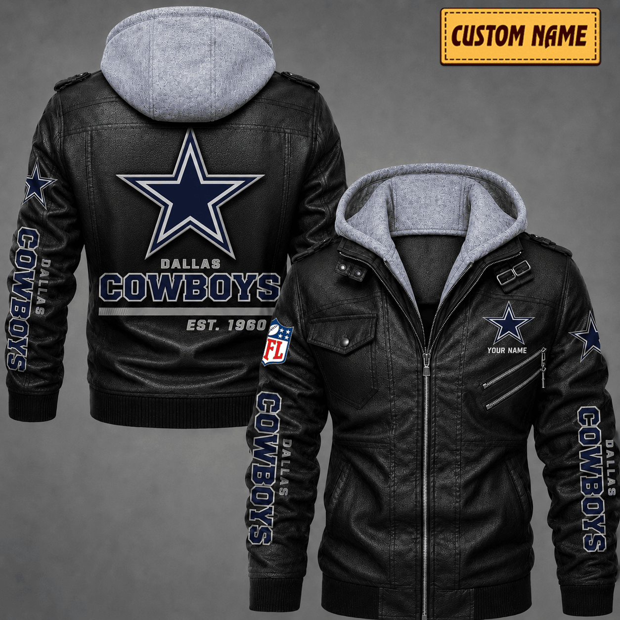 Premium & Ultra-Thick Leather Jacket with Fleece Hood - Dallas Cowboys VA2121