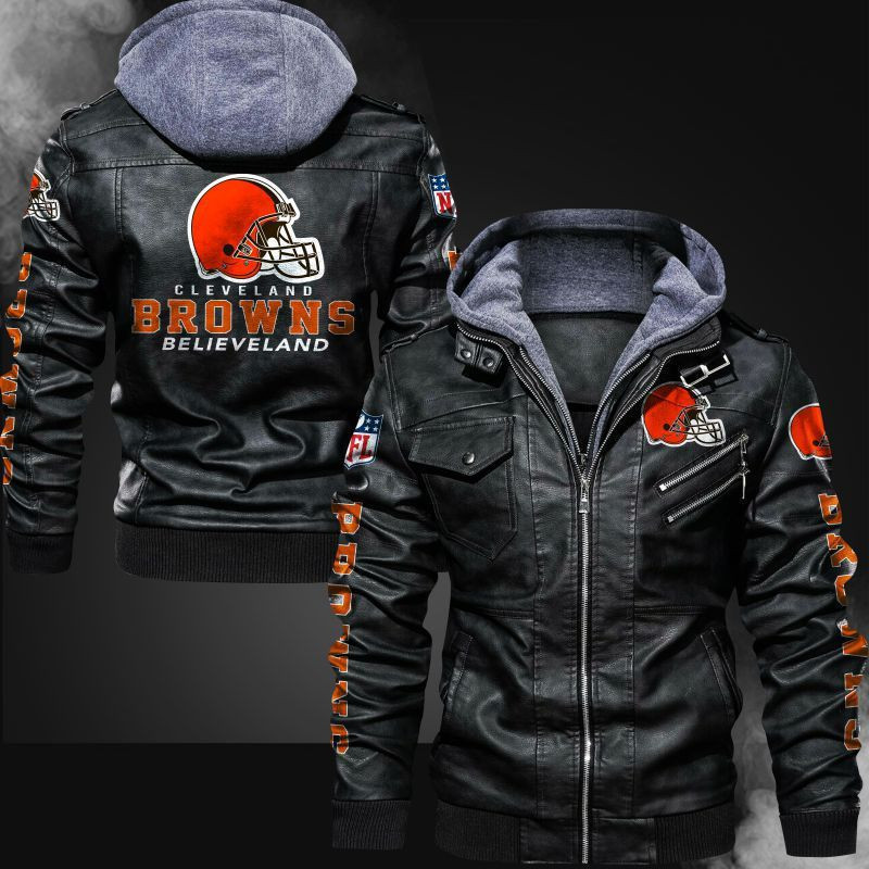 Cleveland Browns HVKC1862 - Premium & Ultra-Thick Leather Jacket with Fleece Hood