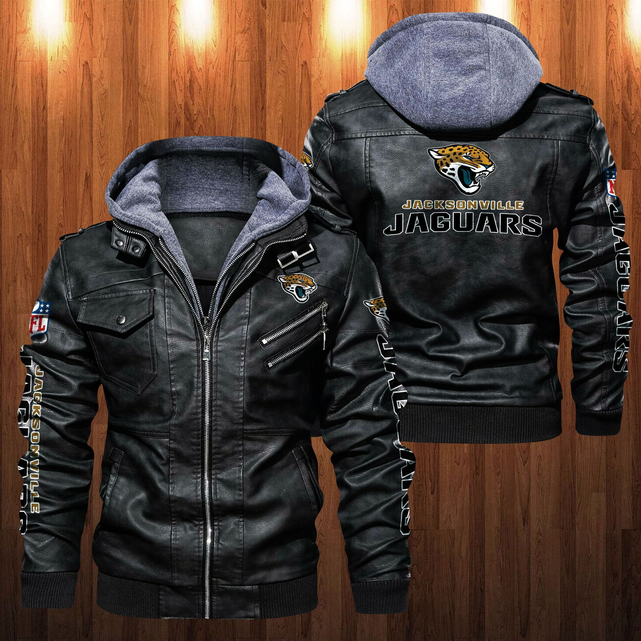 Jacksonville Jaguars HVKC1248 - Premium & Ultra-Thick Leather Jacket with Fleece Hood