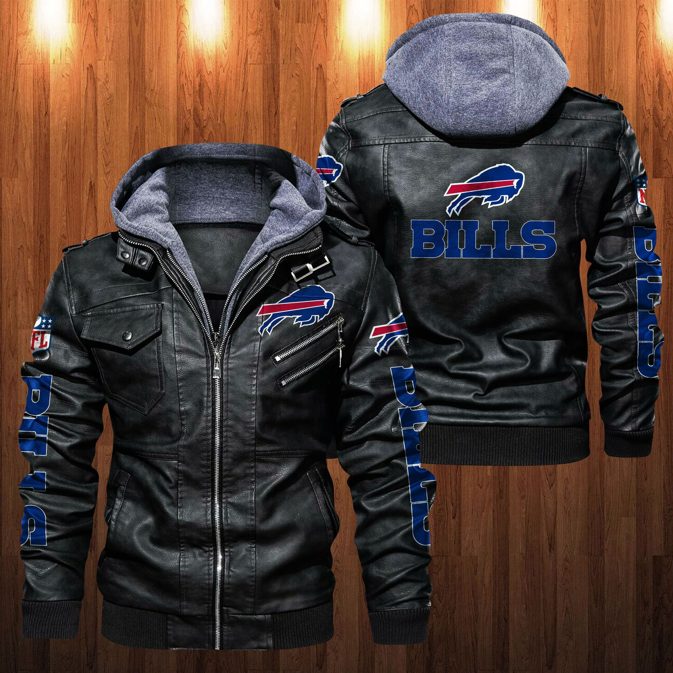 Buffalo Bills HVKC1237 - Premium & Ultra-Thick Leather Jacket with Fleece Hood