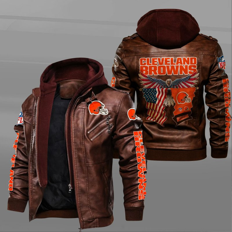 Cleveland Browns HVKC7219 - Premium & Ultra-Thick Leather Jacket with Fleece Hood