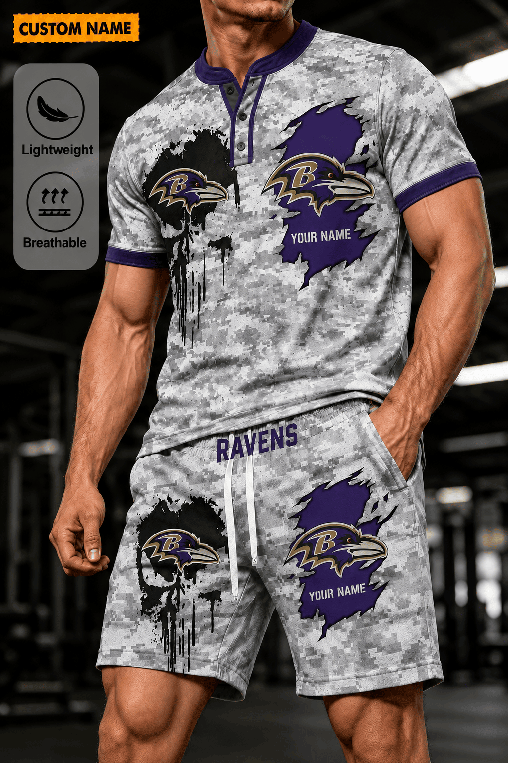 Baltimore Ravens Men’s Button Neck T-Shirt and Short Set New Design 2026 Shirt And Short BSP933