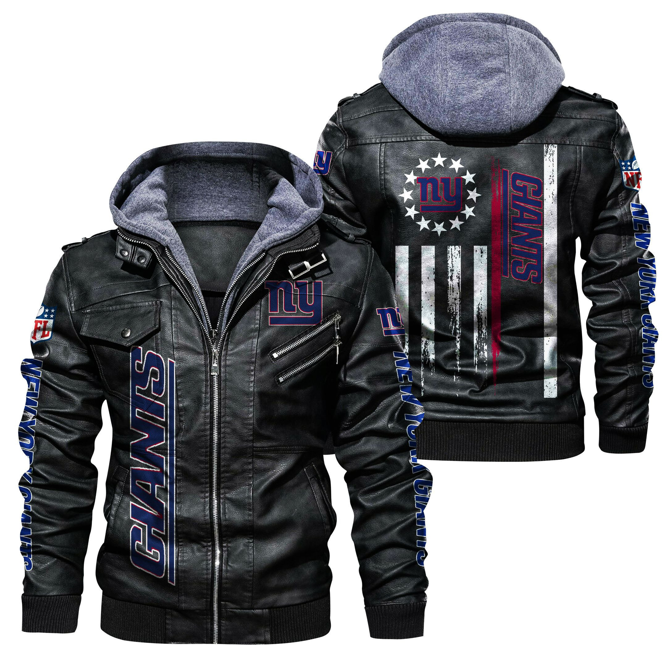 New York Giants HVKC455 - Premium & Ultra-Thick Leather Jacket with Fleece Hood