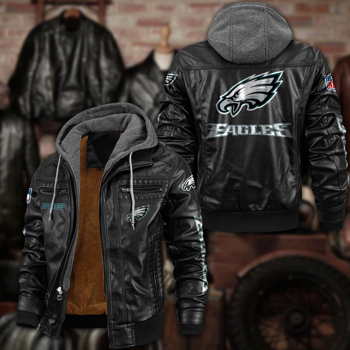 Premium & Ultra-Thick Leather Jacket with Fleece Hood - Philadelphia Eagles PHVKC026