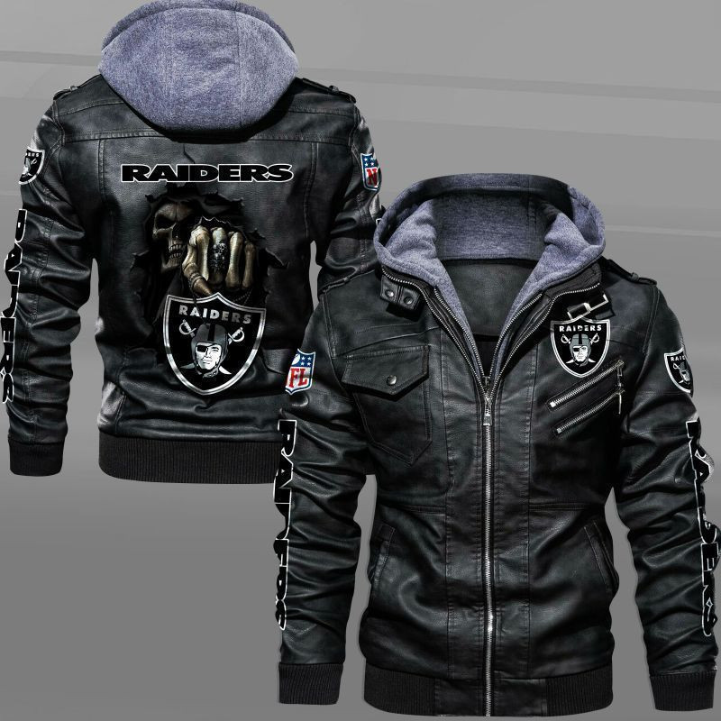 Las Vegas Raiders HVKC1663 - Premium & Ultra-Thick Leather Jacket with Fleece Hood