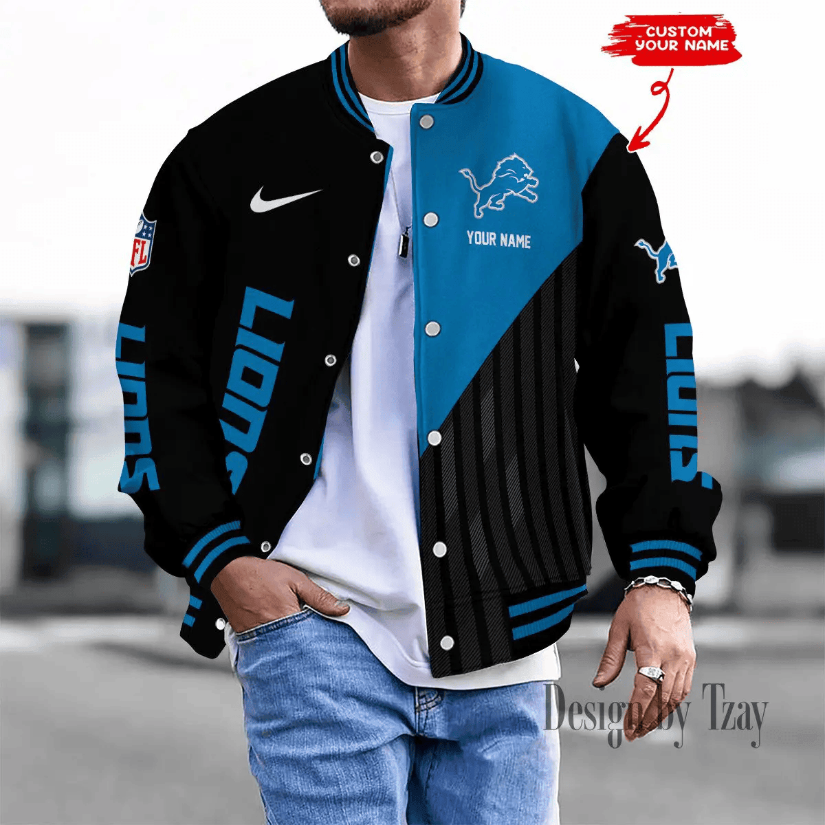 SPTBBJACKET107-Detroit Lions Personalized New Baseball Jacket Gifts For Fan