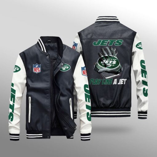 New York Jets Premium Fleece-Lined Leather Bomber Jacket BG15