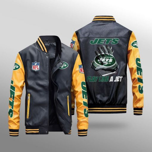 New York Jets Premium Fleece-Lined Leather Bomber Jacket BG15