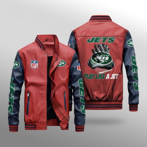 New York Jets Premium Fleece-Lined Leather Bomber Jacket BG15