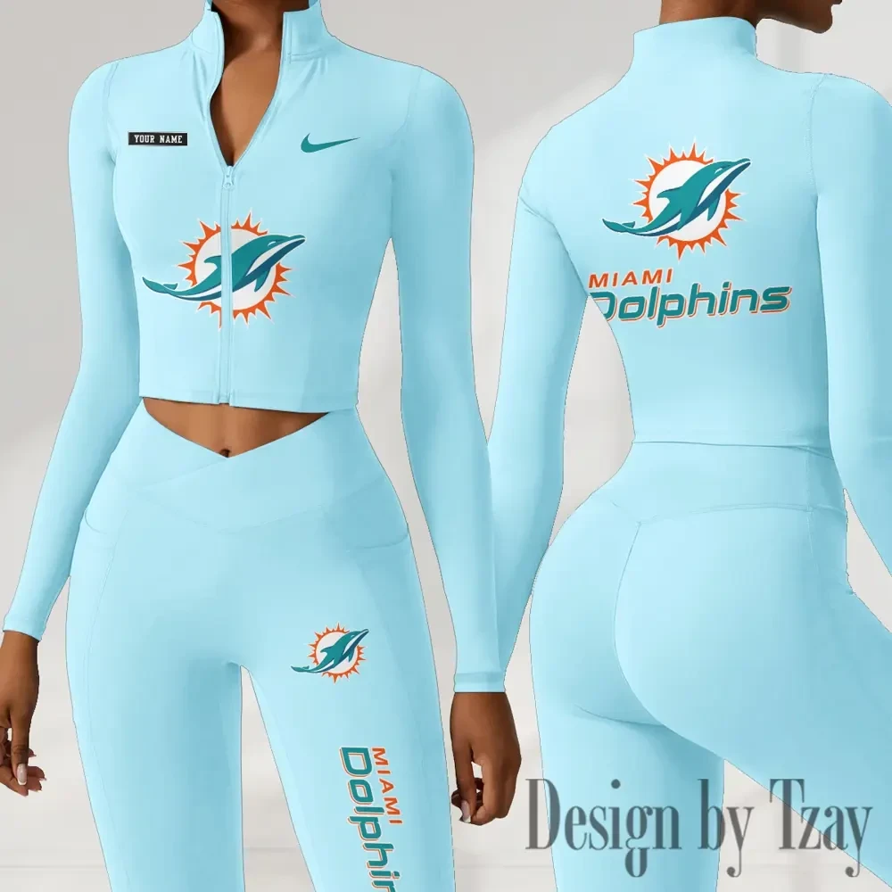 Miami Dolphins Women Activewear Set 2 Piece Crop Jacket and High Waist Leggings SPTZSTW282
