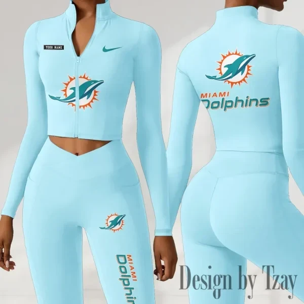 Miami Dolphins Women Activewear Set 2 Piece Crop Jacket and High Waist Leggings SPTZSTW282
