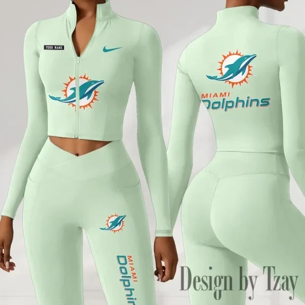 Miami Dolphins Women Activewear Set 2 Piece Crop Jacket and High Waist Leggings SPTZSTW282