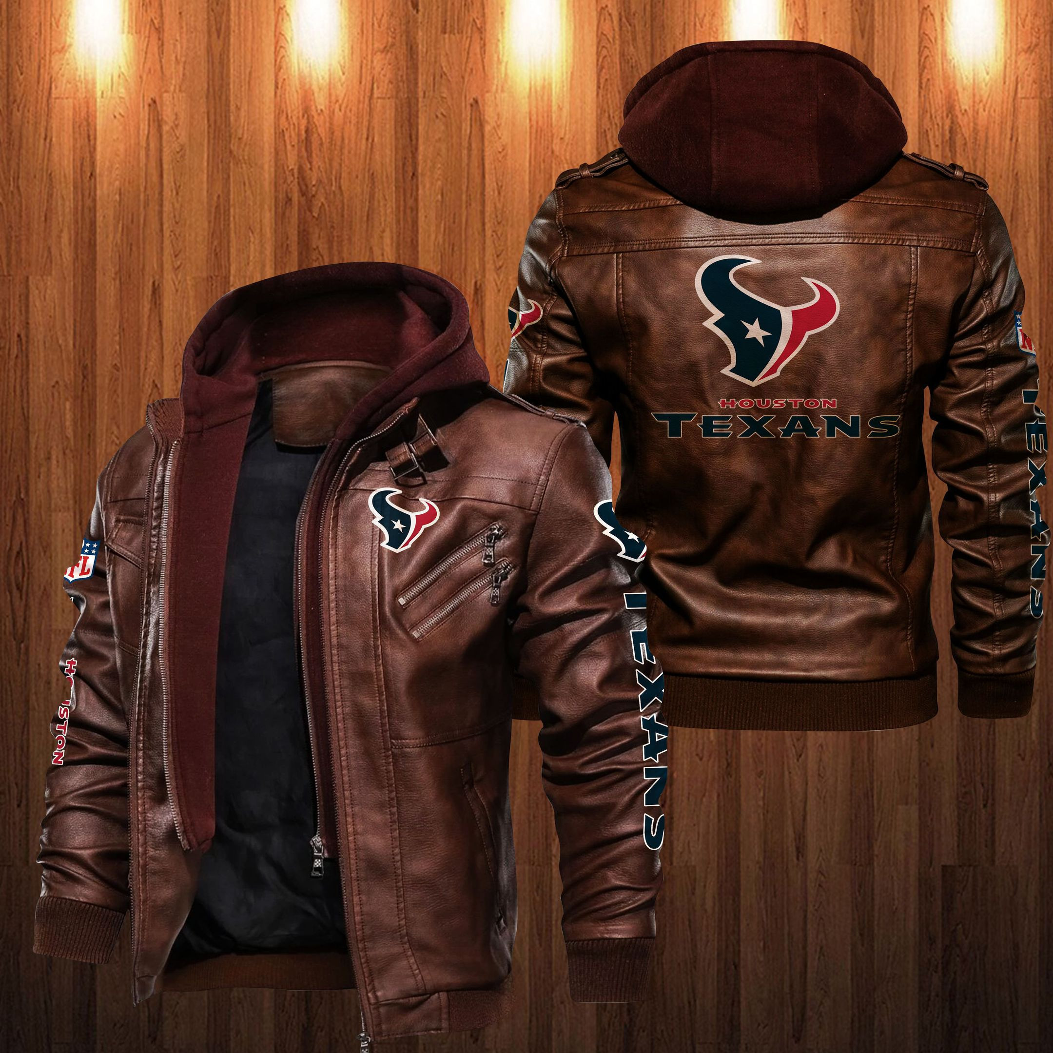 Houston Texans HVKC1246 - Premium & Ultra-Thick Leather Jacket with Fleece Hood