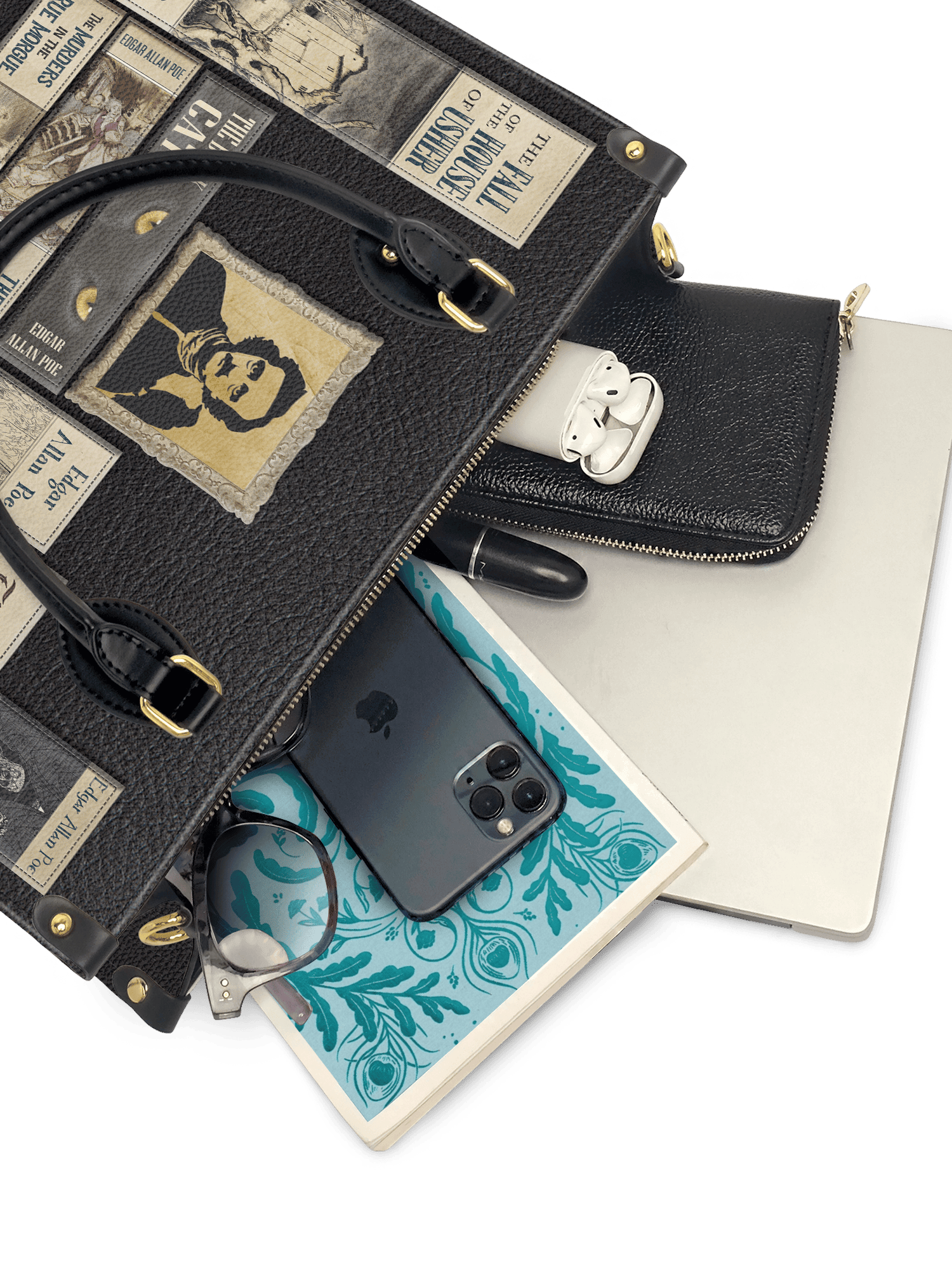 "Poe's Library" Ashen Black Leather Handbag