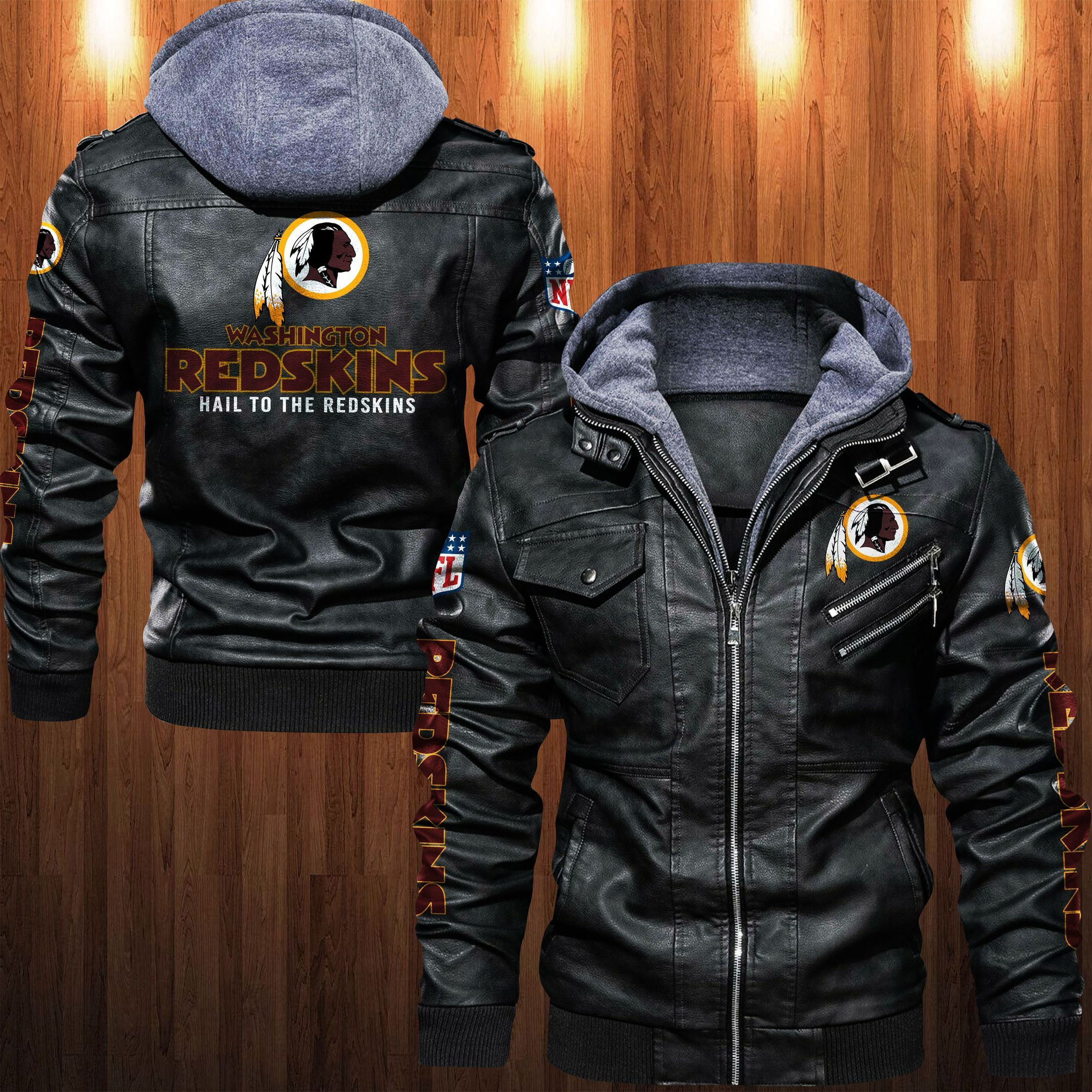 Washington Redskins Football Team HVKC1264 - Premium & Ultra-Thick Leather Jacket with Fleece Hood