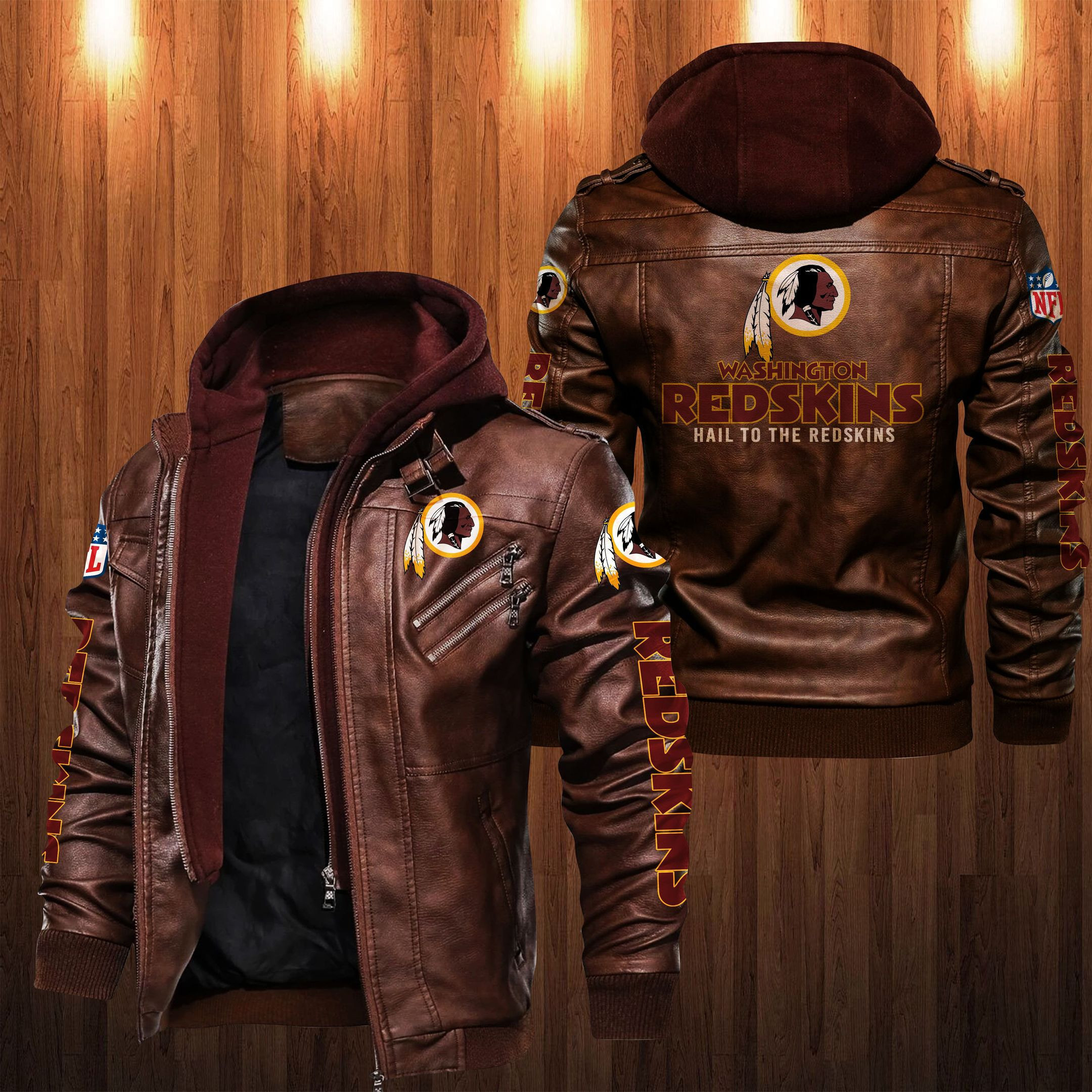 Washington Redskins Football Team HVKC1264 - Premium & Ultra-Thick Leather Jacket with Fleece Hood
