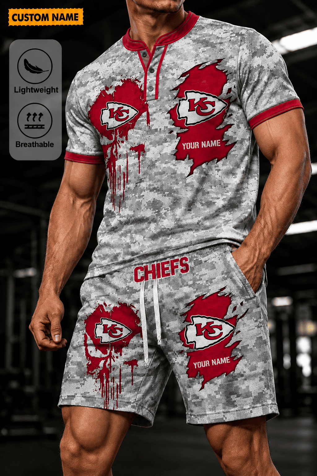 Kansas City Chiefs Men’s Button Neck T-Shirt and Short Set New Design 2026 Shirt And Short BSP954