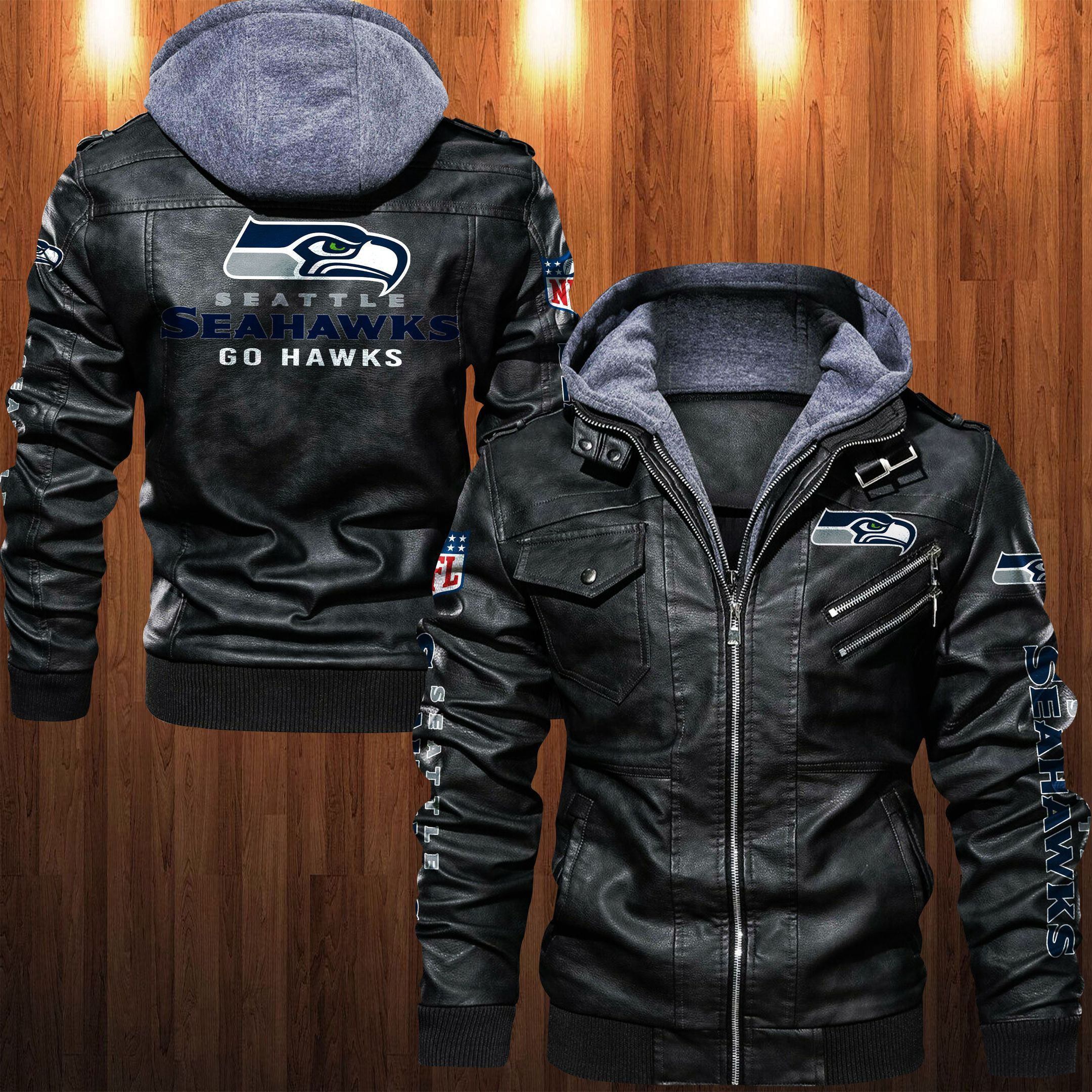 Seattle Seahawks HVKC1261 - Premium & Ultra-Thick Leather Jacket with Fleece Hood