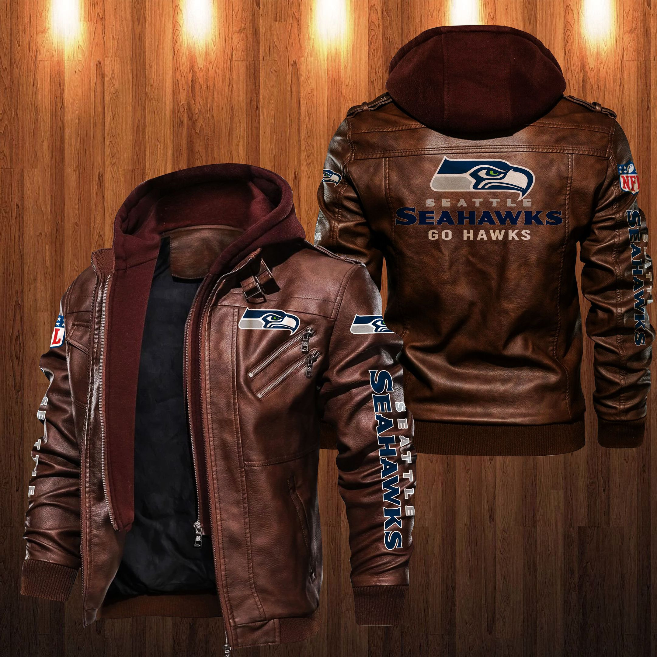Seattle Seahawks HVKC1261 - Premium & Ultra-Thick Leather Jacket with Fleece Hood