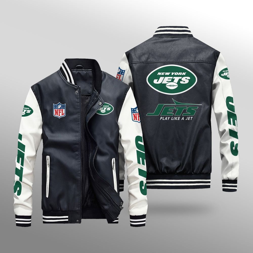 New York Jets Premium Fleece-Lined Leather Bomber Jacket BG34