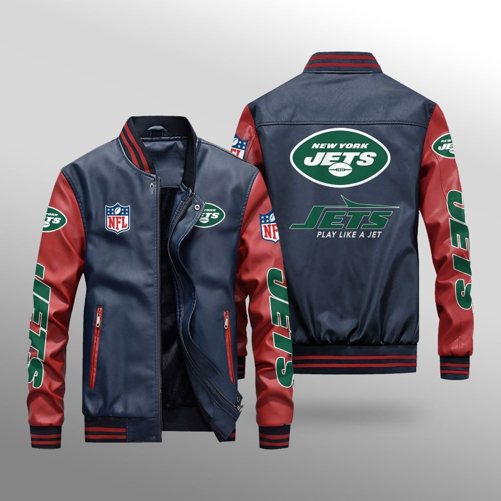 New York Jets Premium Fleece-Lined Leather Bomber Jacket BG34