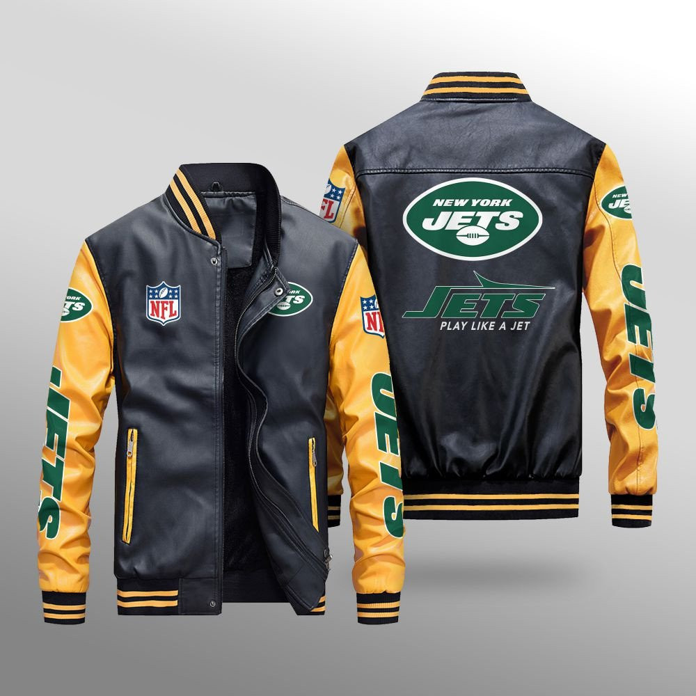 New York Jets Premium Fleece-Lined Leather Bomber Jacket BG34