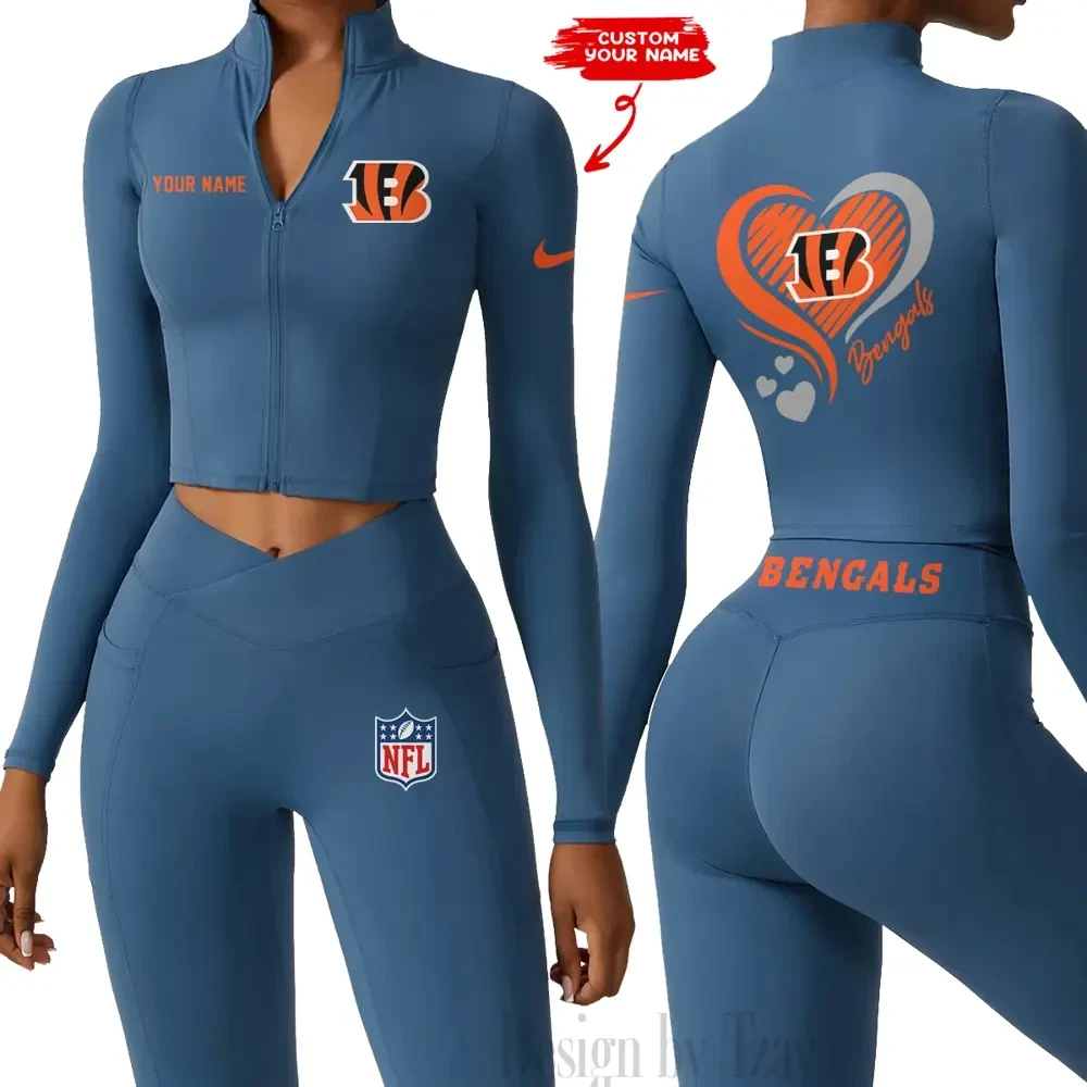 Cincinnati Bengals Women Activewear Set 2 Piece Crop Jacket and High Waist Leggings SPTZSTW173