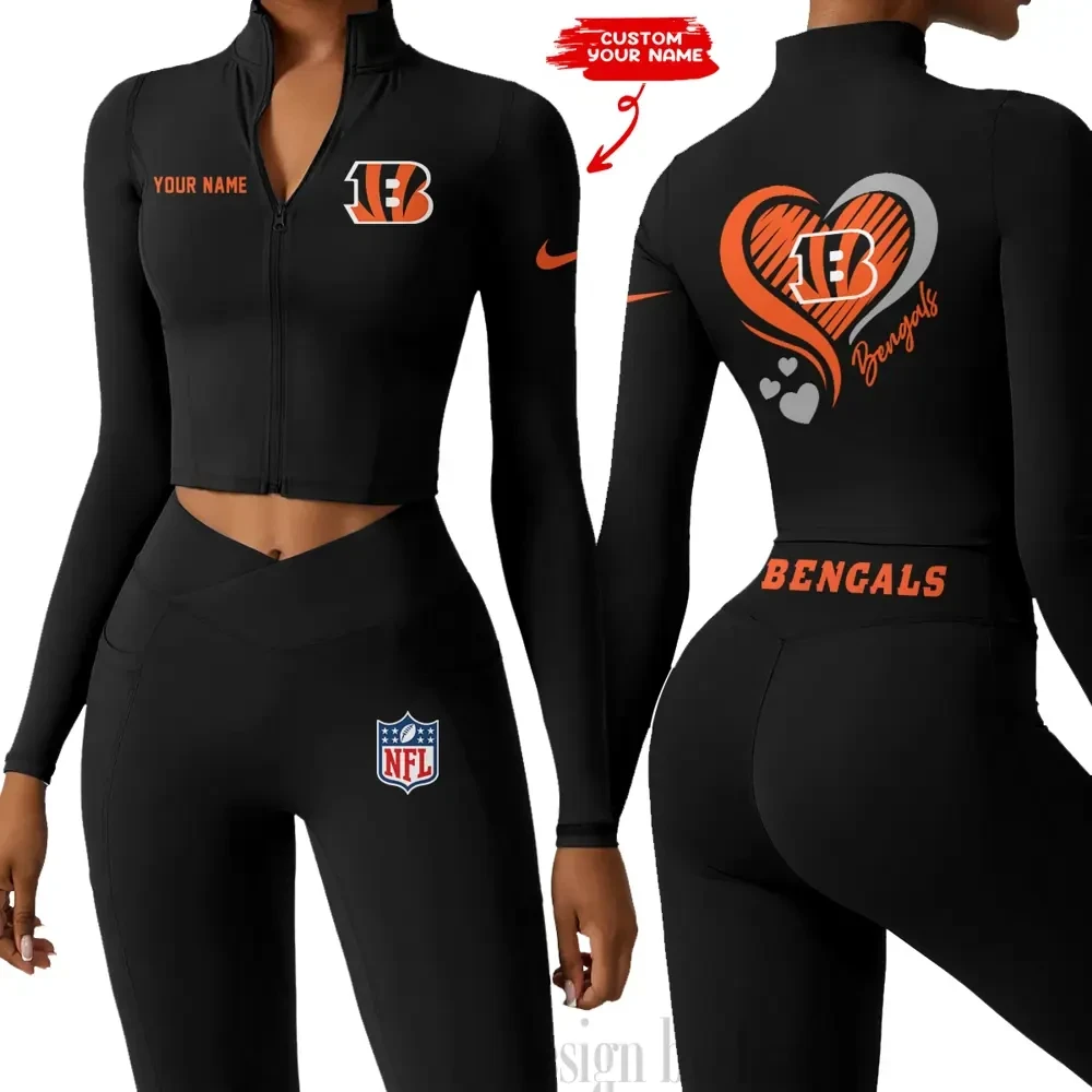 Cincinnati Bengals Women Activewear Set 2 Piece Crop Jacket and High Waist Leggings SPTZSTW173