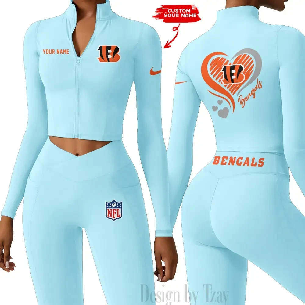 Cincinnati Bengals Women Activewear Set 2 Piece Crop Jacket and High Waist Leggings SPTZSTW173