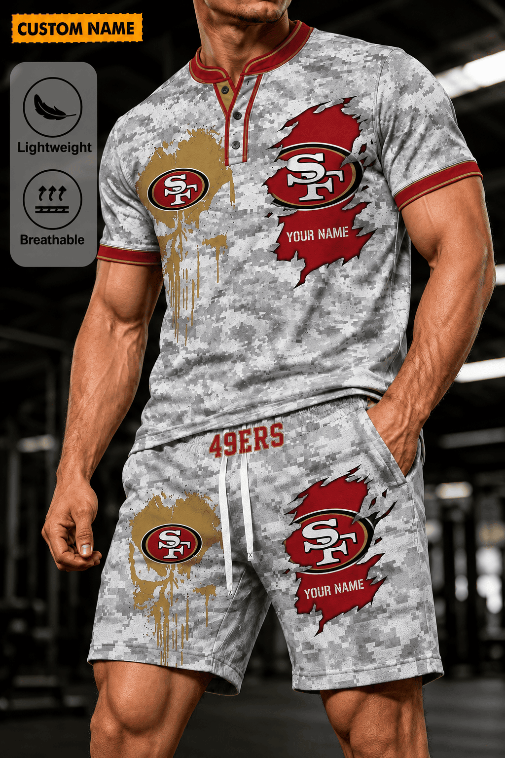 San Francisco 49ers Men’s Button Neck T-Shirt and Short Set New Design 2026 Shirt And Short BSP944
