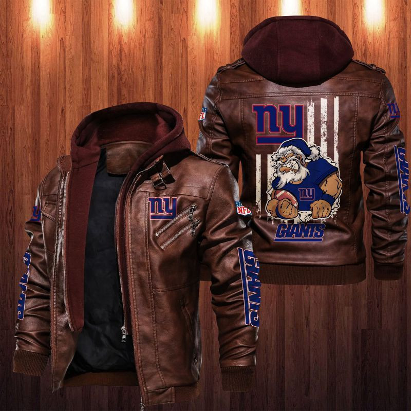 New York Giants HVKC1816 - Premium & Ultra-Thick Leather Jacket with Fleece Hood