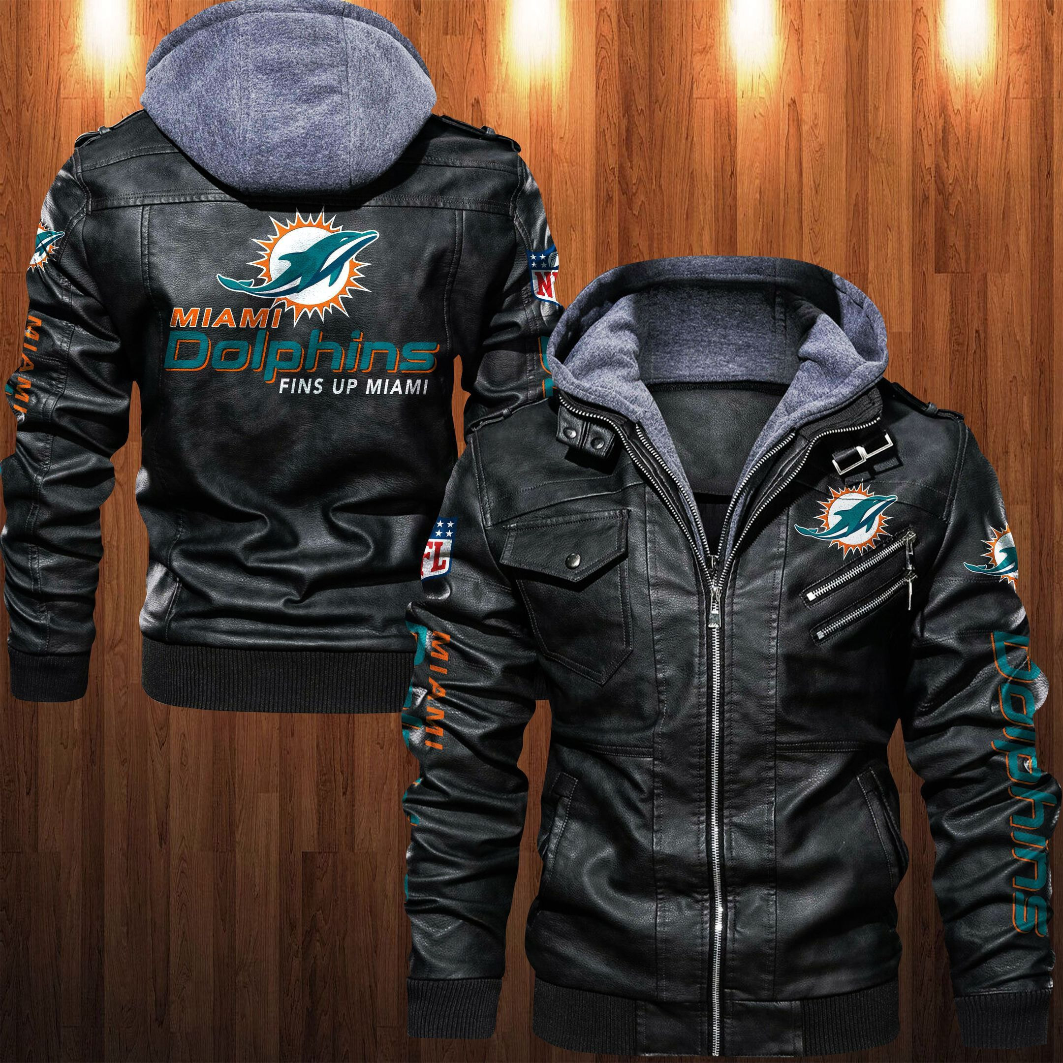 Miami Dolphins HVKC1252 - Premium & Ultra-Thick Leather Jacket with Fleece Hood