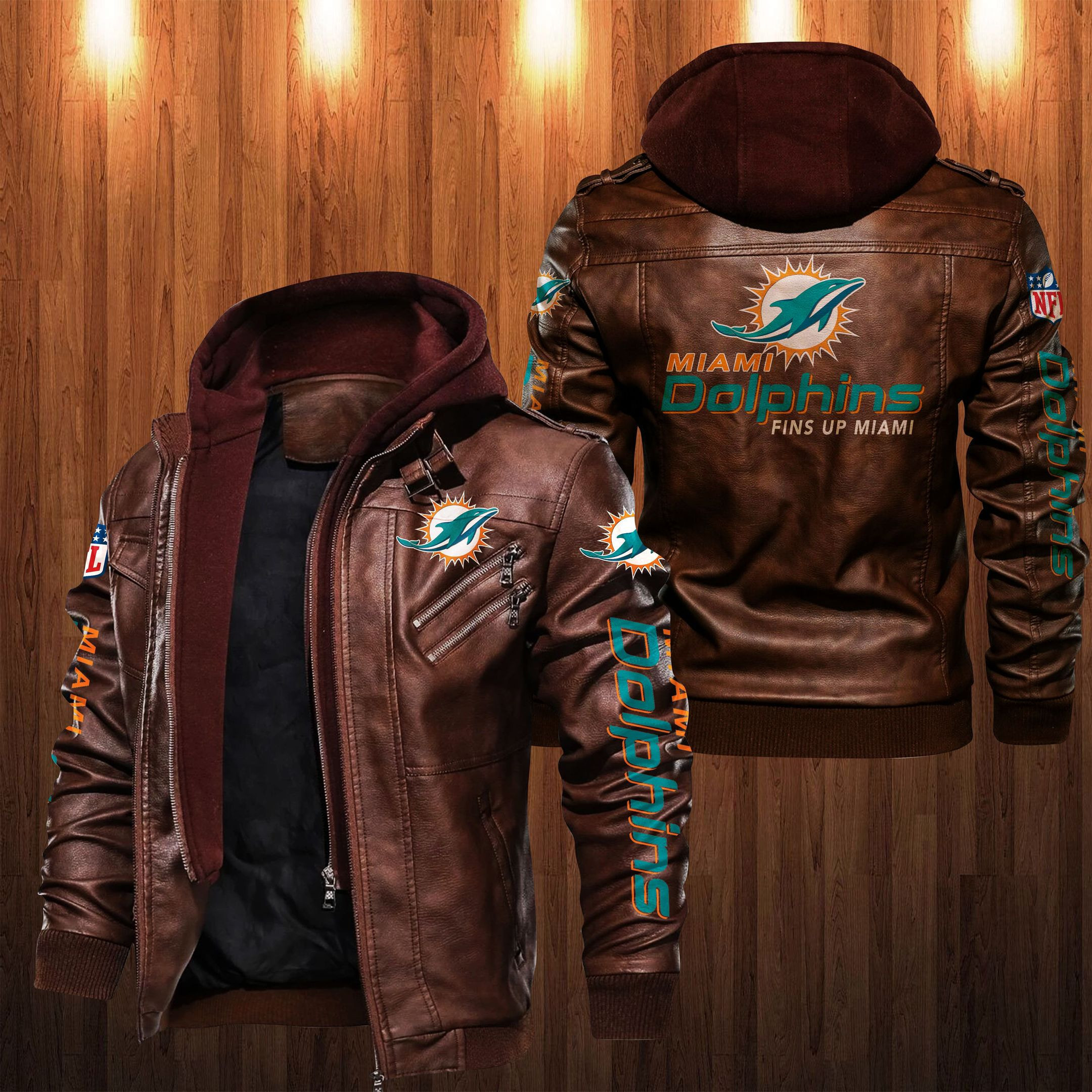 Miami Dolphins HVKC1252 - Premium & Ultra-Thick Leather Jacket with Fleece Hood