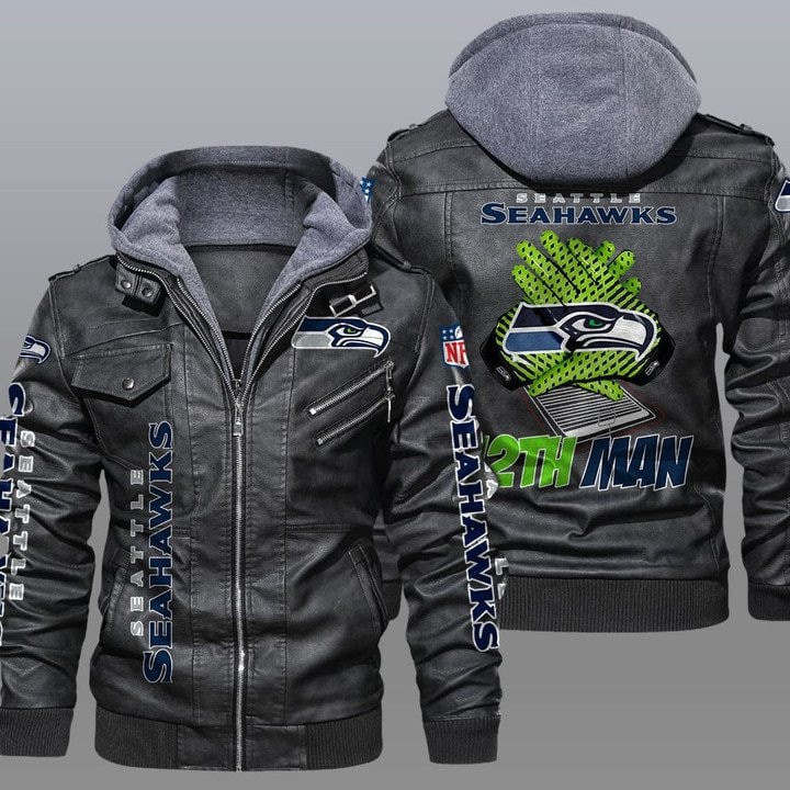 Seattle Seahawks Premium & Ultra-Thick Leather Jacket with Fleece Hood 29