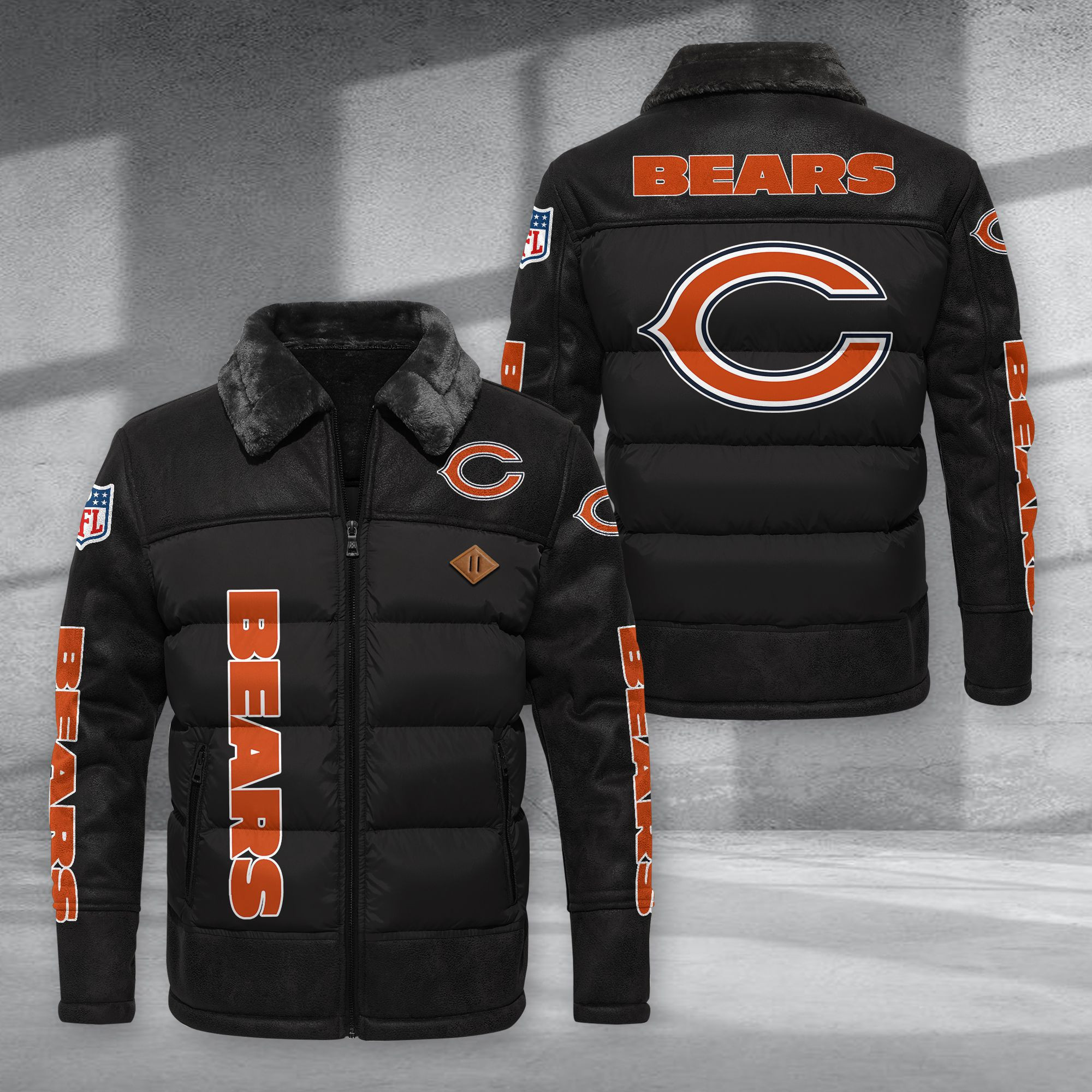 Chicago Bears Fur Collar Leather-Look Puffer Jacket PURJD007