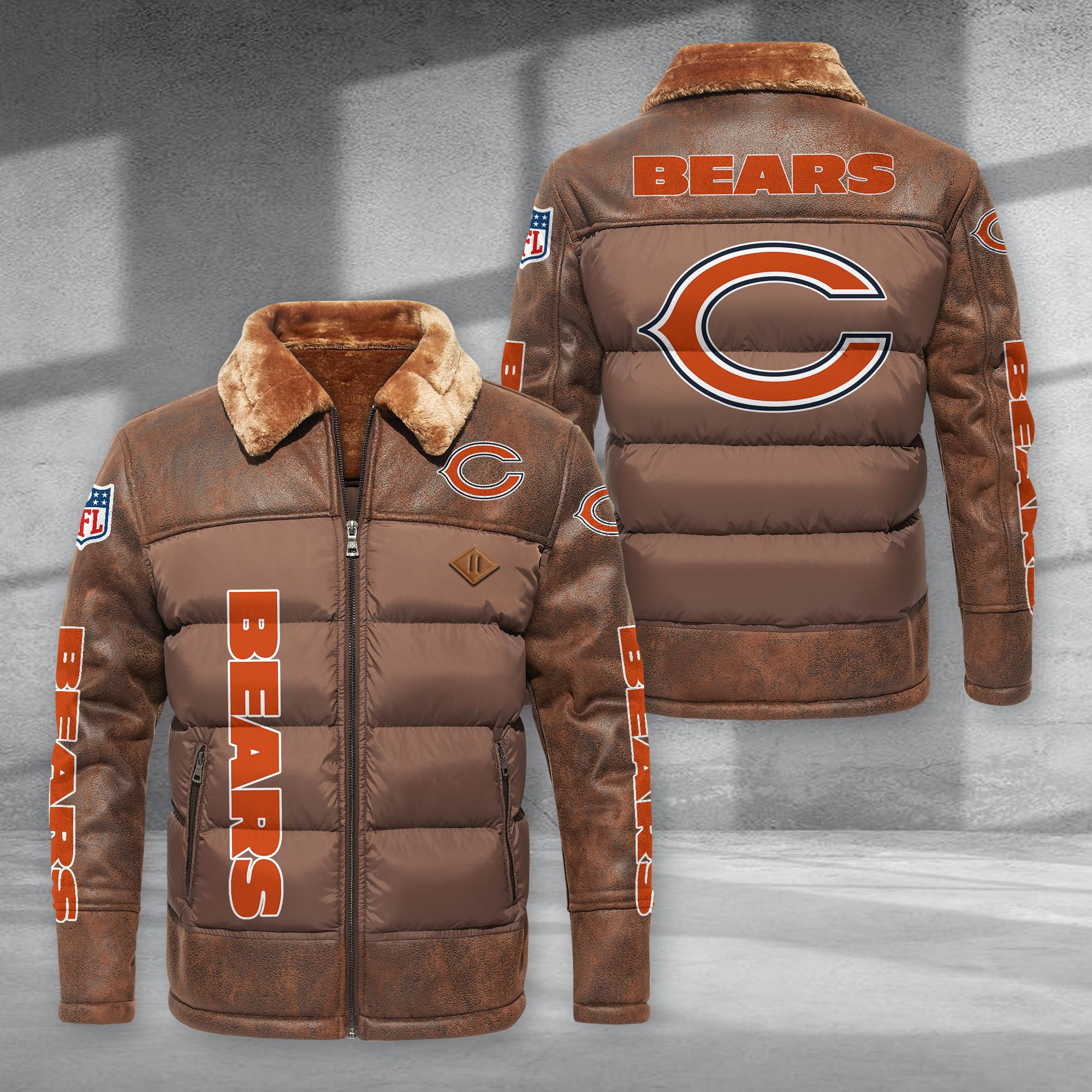 Chicago Bears Fur Collar Leather-Look Puffer Jacket PURJD007