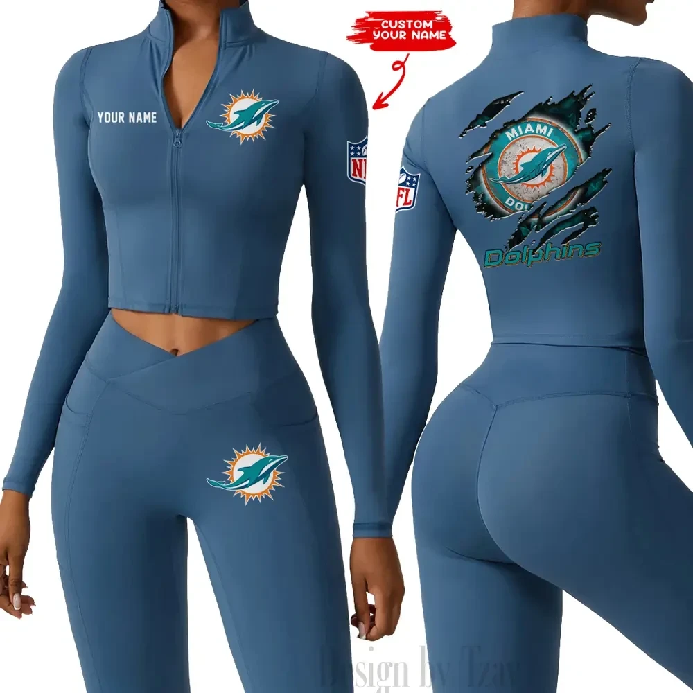 Miami Dolphins Women Activewear Set 2 Piece Crop Jacket and High Waist Leggings SPTZSTW250