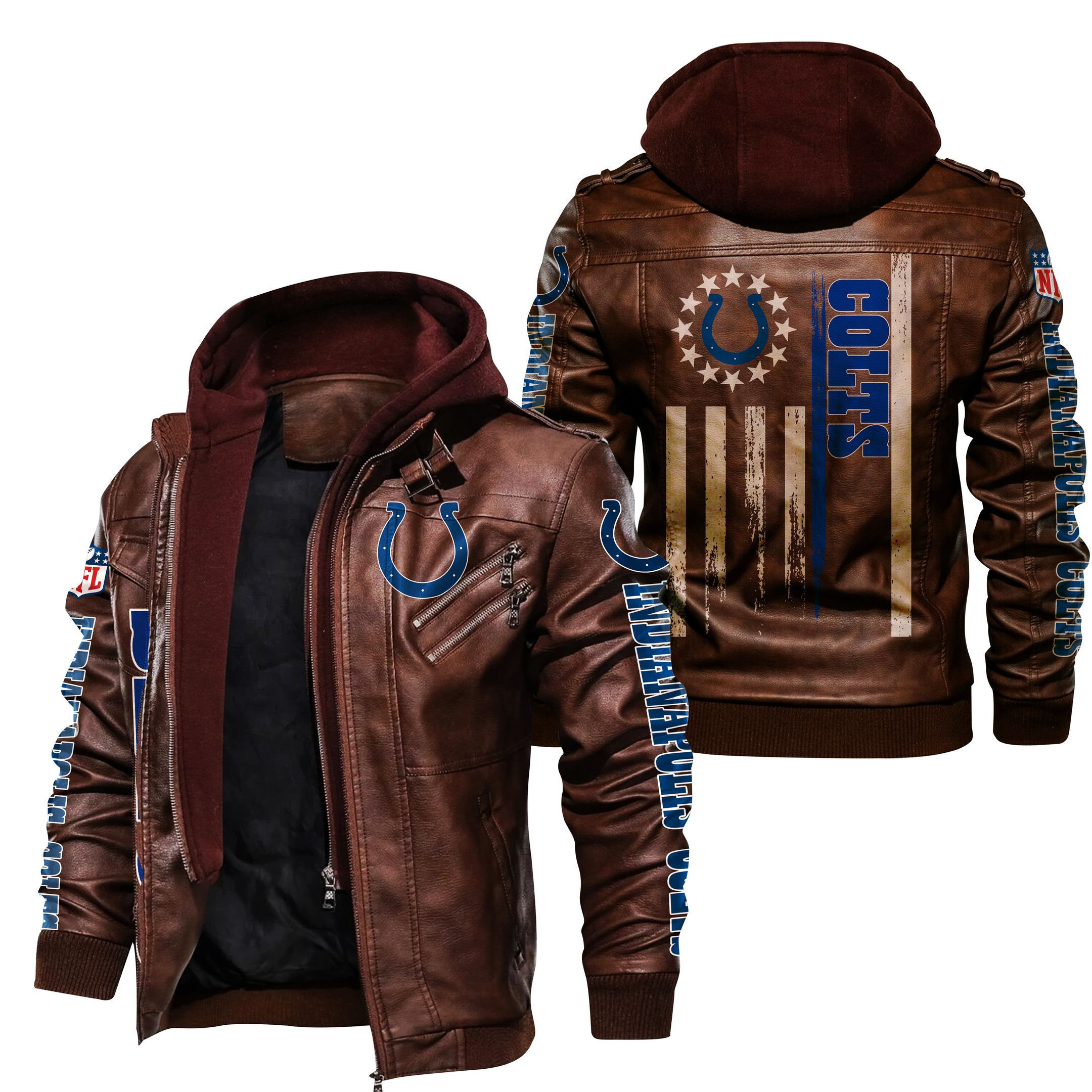 Indianapolis Colts HVKC448 - Premium & Ultra-Thick Leather Jacket with Fleece Hood