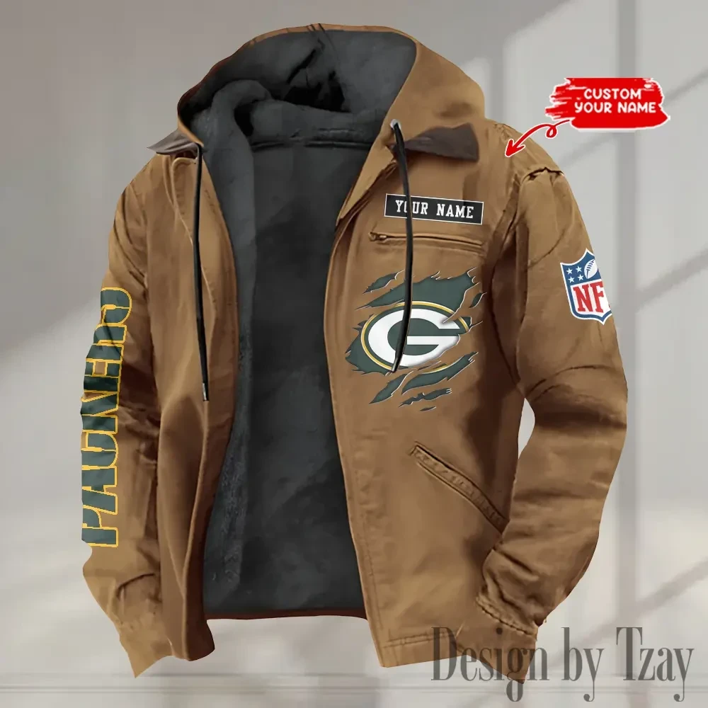 Green Bay Packers Men's Casual Padded Jacket Hooded trending 2026 SPTPJH012
