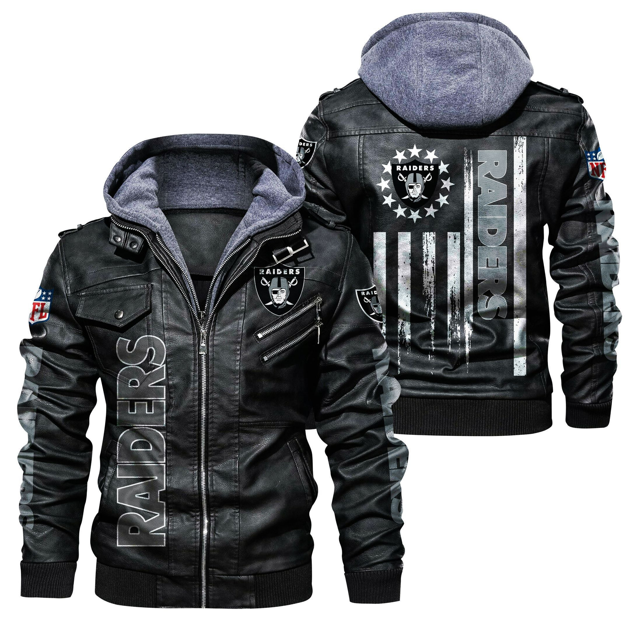 Las Vegas Raiders HVKC457 - Premium & Ultra-Thick Leather Jacket with Fleece Hood