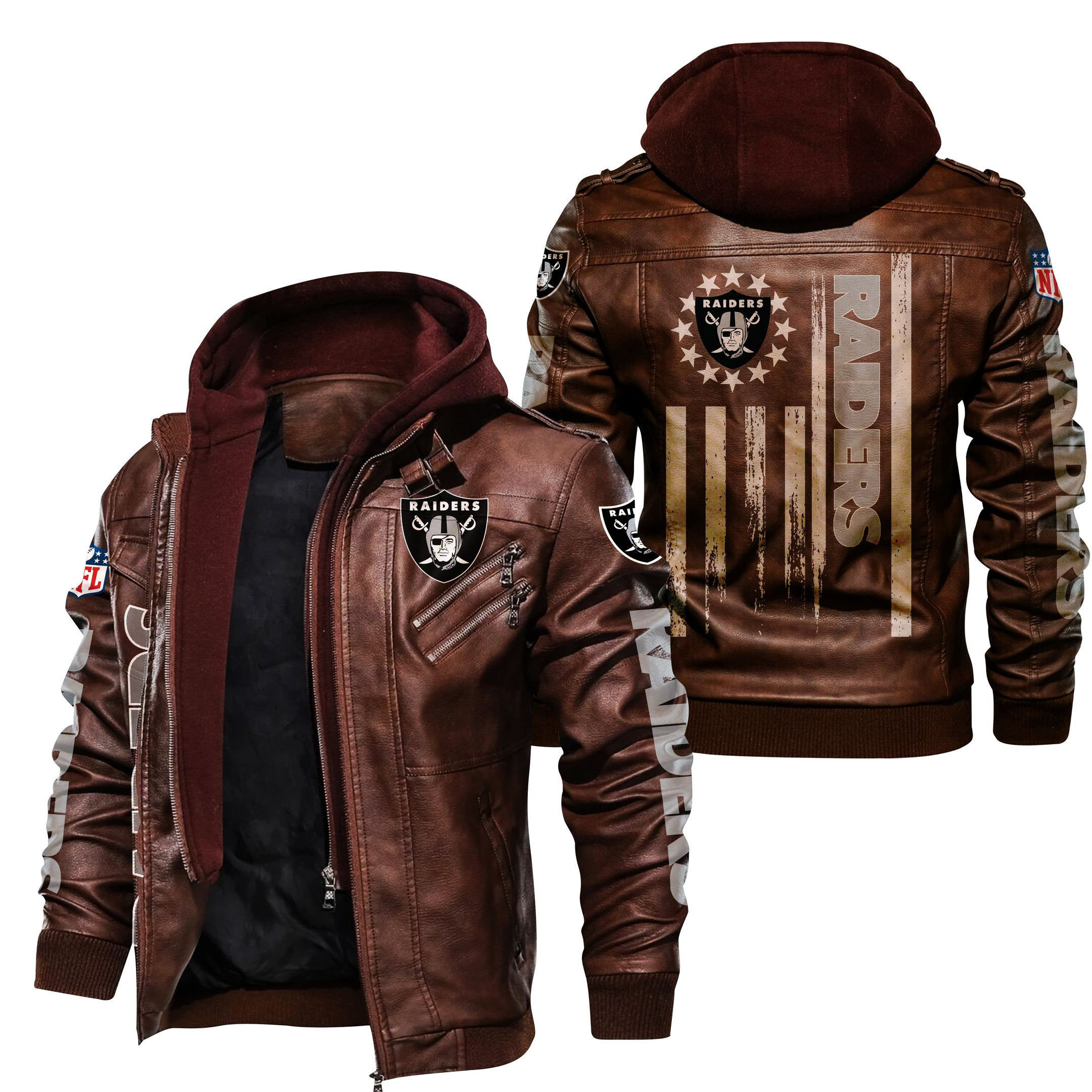 Las Vegas Raiders HVKC457 - Premium & Ultra-Thick Leather Jacket with Fleece Hood