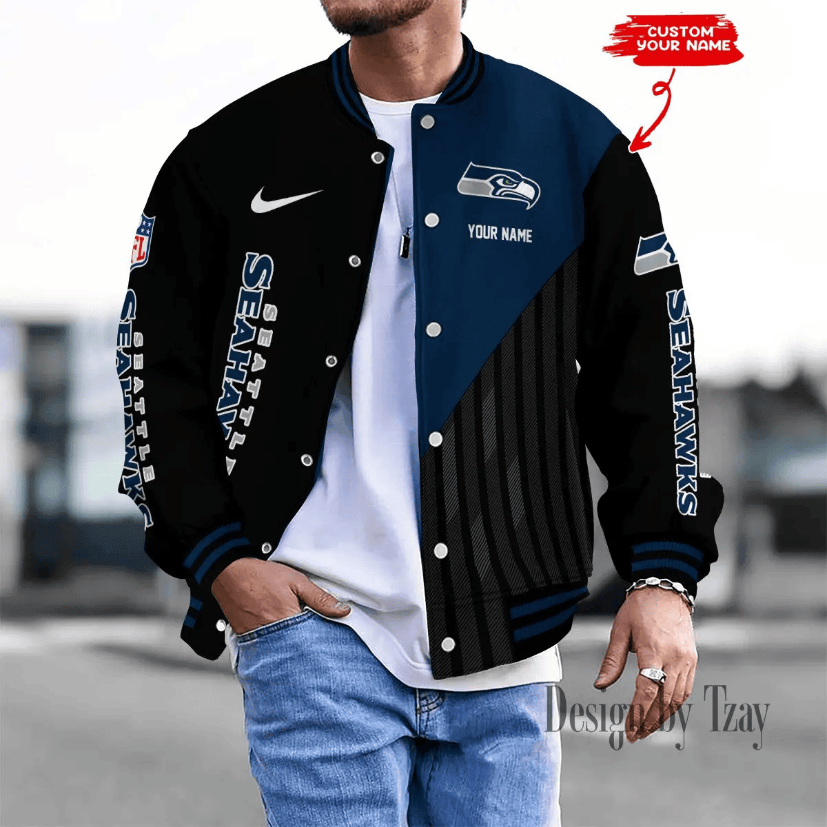 SPTBBJACKET125-Seattle Seahawks Personalized New Baseball Jacket Gifts For Fan