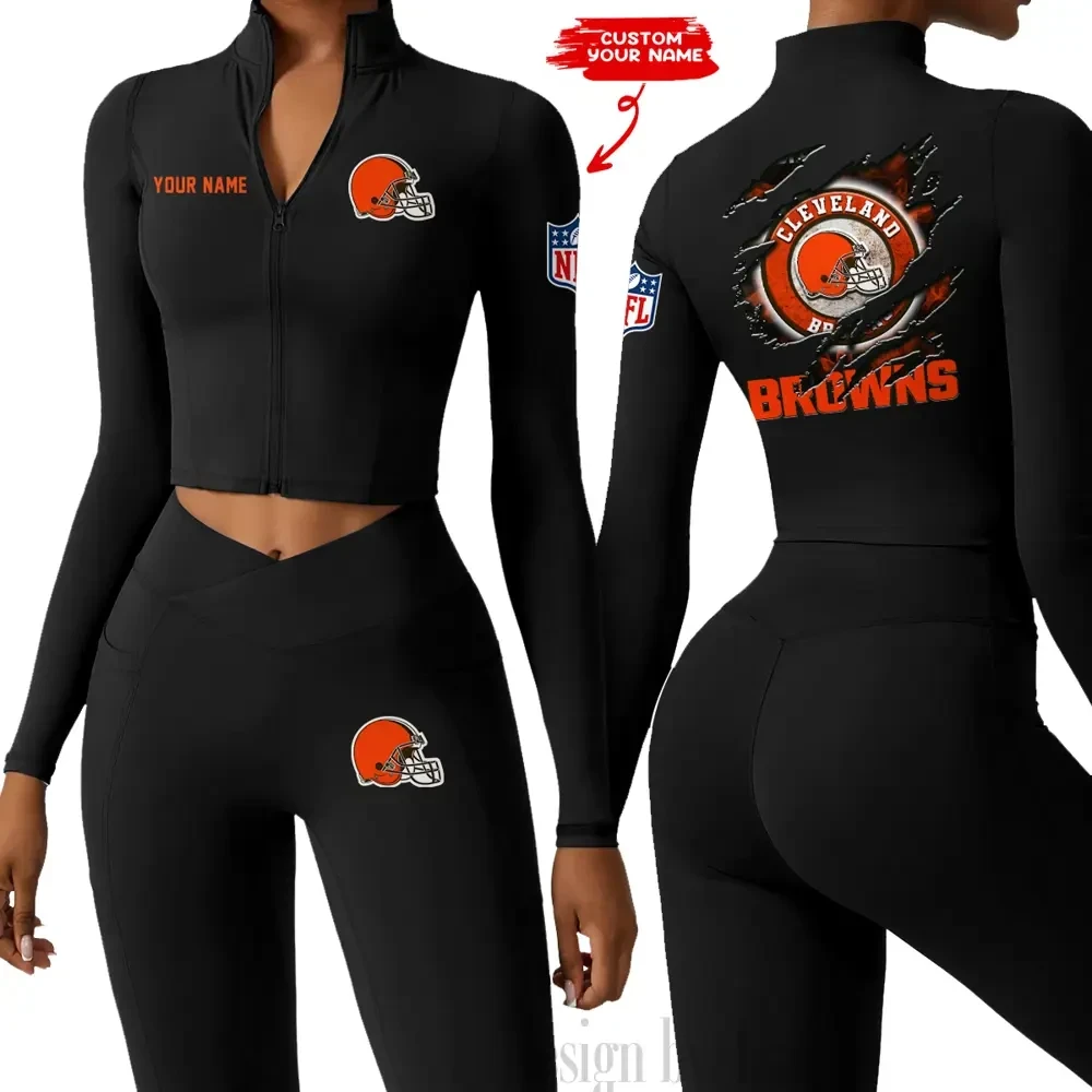 Cleveland Browns Women Activewear Set 2 Piece Crop Jacket and High Waist Leggings SPTZSTW238