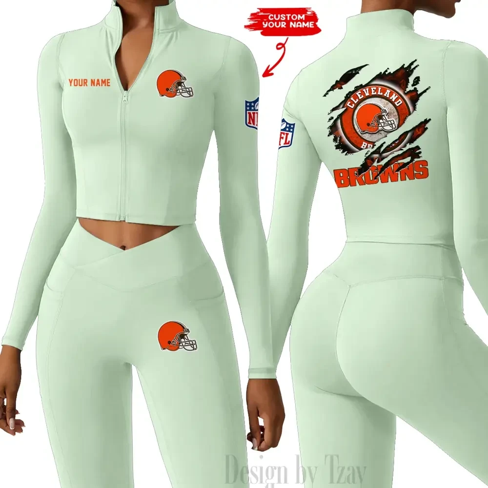 Cleveland Browns Women Activewear Set 2 Piece Crop Jacket and High Waist Leggings SPTZSTW238