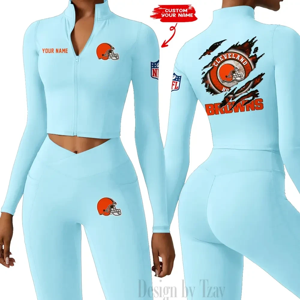 Cleveland Browns Women Activewear Set 2 Piece Crop Jacket and High Waist Leggings SPTZSTW238