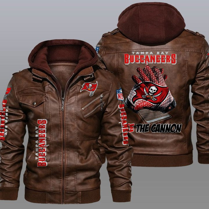 Tampa Bay Buccaneers Premium & Ultra-Thick Leather Jacket with Fleece Hood 30