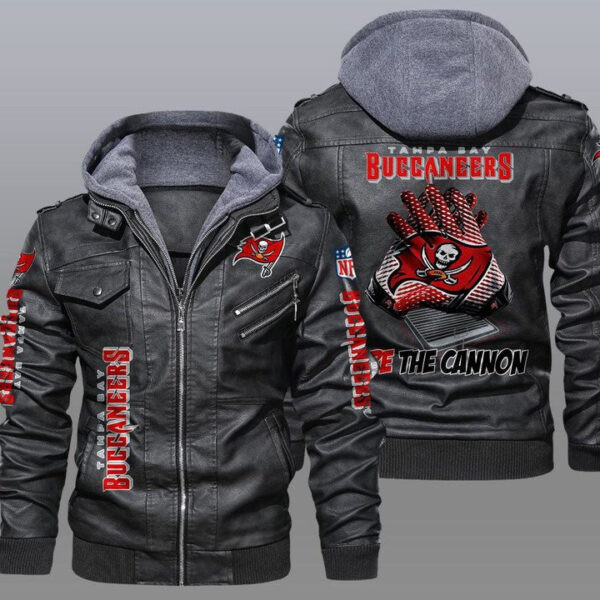 Tampa Bay Buccaneers Premium & Ultra-Thick Leather Jacket with Fleece Hood 30