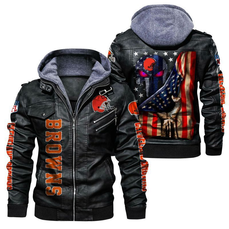Cleveland Browns HVKC156 - Premium & Ultra-Thick Leather Jacket with Fleece Hood