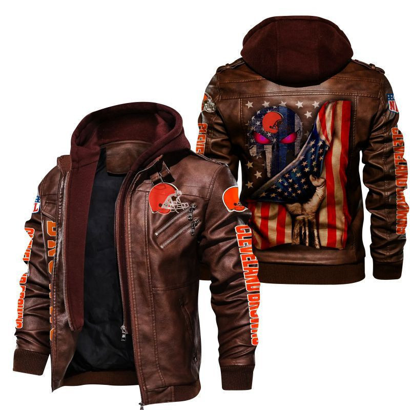 Cleveland Browns HVKC156 - Premium & Ultra-Thick Leather Jacket with Fleece Hood