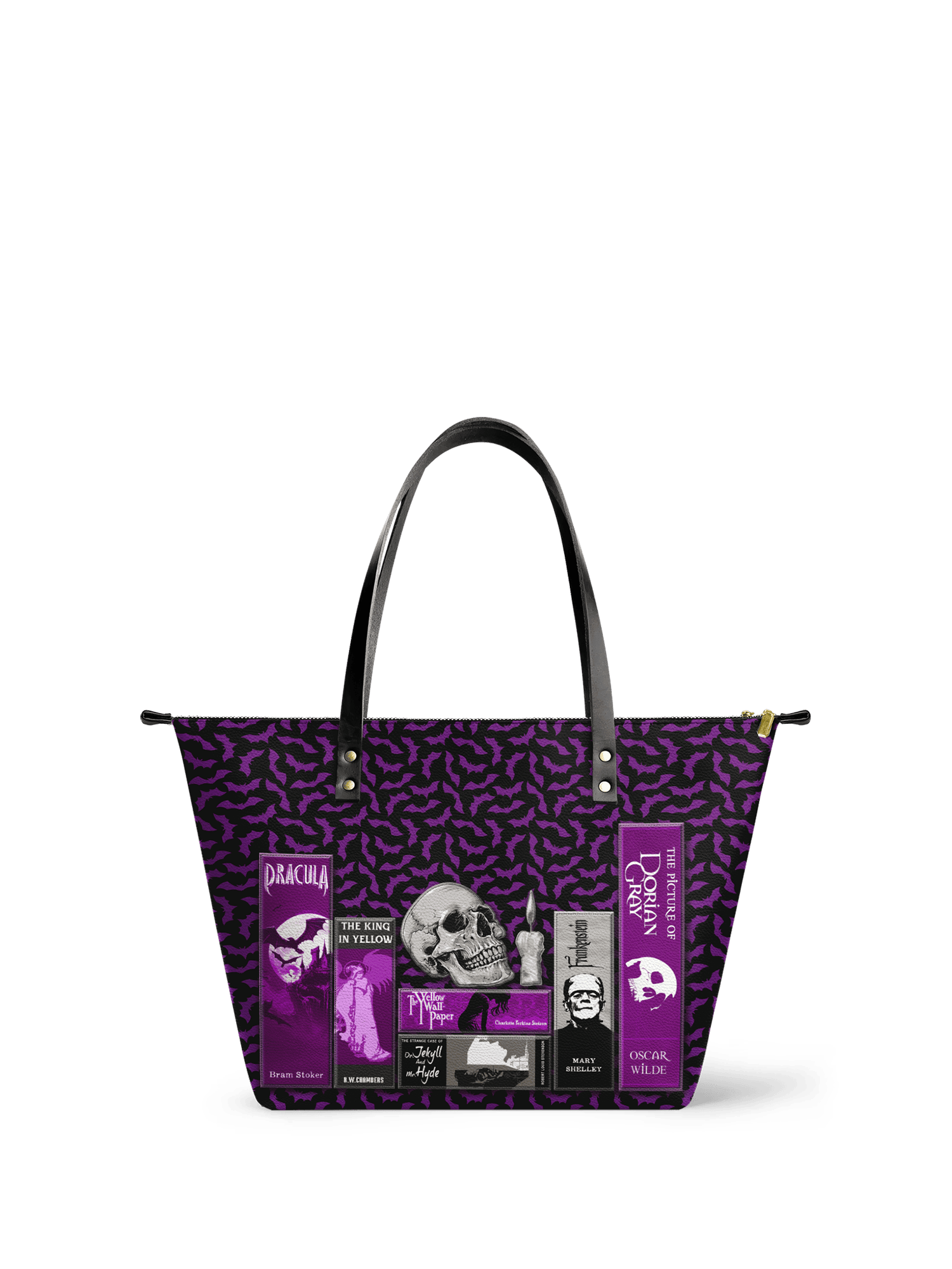 "The Codex of Gothic Tales" Violet Echo Leather Tote Bag